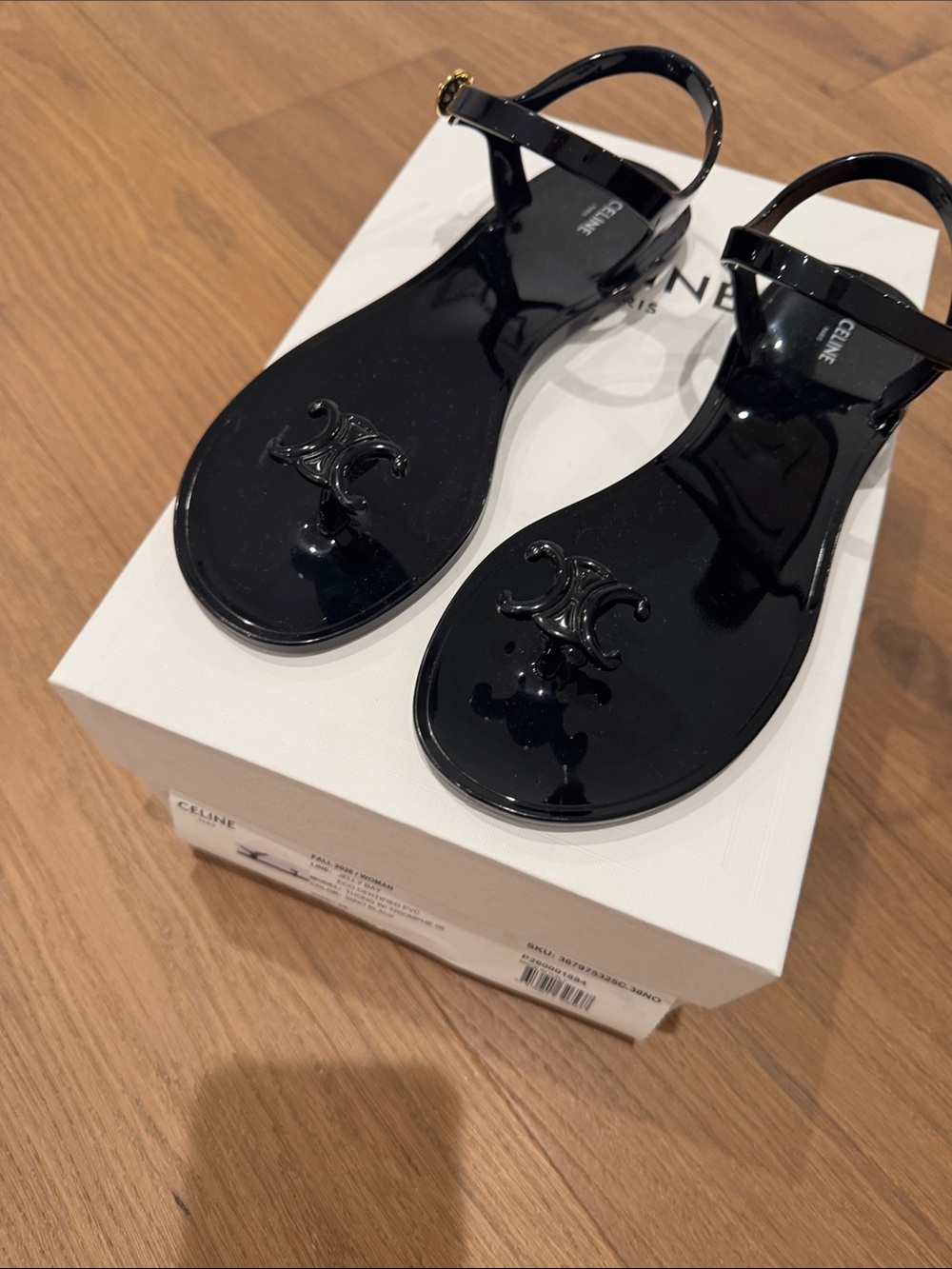 Celine Jelly Black Triomphe Thong Sandals